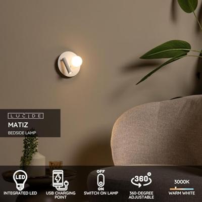 Lucide MATIZ - Bedlamp / Wandlamp - Ø 16,5 cm - LED - 3000K - Met USB oplaadpunt - Wit