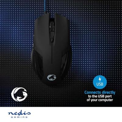 Nedis GMWD110BK Gaming Muis Bedraad Dpi: 1200 / 2400 / 4800 / 7200 Dpi Instelbare Dpi Aantal Knoppen: 6 Programmeerbare Knoppen Rechtshandig 1.50 M Zonder Verlichting