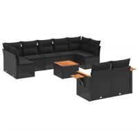 10-delige Loungeset met kussens poly rattan zwart - thumbnail