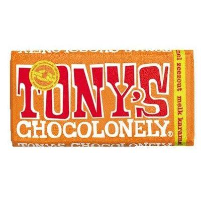 Chocolade Tony&apos;s Chocolonely melk karamel zeezout reep 180gr