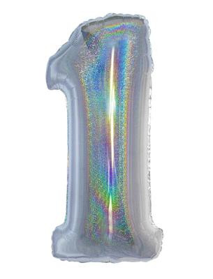 Folieballon Holografisch Zilver Cijfer &apos;1&apos; - 102cm