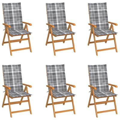 Tuinstoelen 6 st met grijs geruite kussens massief teakhout
