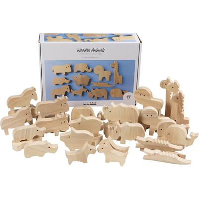 Creativ Company Houten dieren, boerderij en safari, h: 3-14,5 cm, dikte 2 cm, 44 stuk/ 1 doos