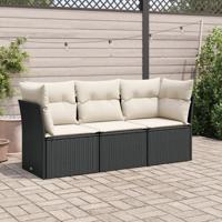 3-delige Loungeset met kussens poly rattan zwart - thumbnail
