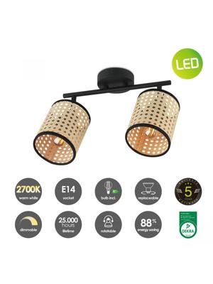 Landelijke LED Opbouwspot Rotan - naturel/zwart - 30/10/22cm - Dimbaar - plafonniere gemaakt van rotan en metaal - inclusief LED lichtbron - E14 fitting - 4W - 400lm - 2700K - warm wit licht
