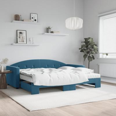 Slaapbank onderschuifbed en matrassen 100x200 cm fluweel blauw