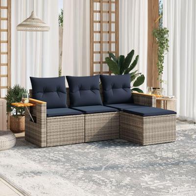 4-delige Loungeset met kussens poly rattan grijs