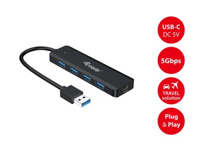 Equip Hub + USB-C-adapter 128959 USB-hub 5 poorten USB-A USB 3.0 5 GBit/s Met USB-C stekker Zwart Equip Hub + USB-C-adapter 128959 USB-hub 5 poorten USB-A USB 3.0 5 GBit/s Met USB-C stekker Zwart