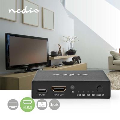Nedis VSWI3493AT Hdmi™-switch 3 Poort(en) 3x Hdmi™ Input Hdmi™ Output 8k@60hz 45 Gbps Afstandbestuurbaar Aluminium Antraciet