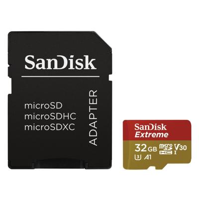 SanDisk Extreme® Action Cam microSDHC-kaart 32 GB Class 10, UHS-I, UHS-Class 3, v30 Video Speed Class Incl. SD-adapter, A1-vermogensstandaard SanDisk Extreme® Action Cam microSDHC-kaart 32 GB Class 10, UHS-I, UHS-Class 3, v30 Video Speed Class Incl. SD-adapter, A1-vermogensstandaard