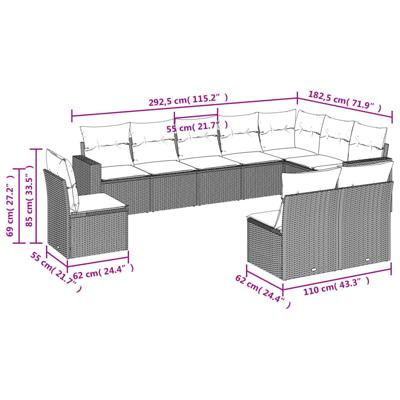 10-delige Loungeset met kussens poly rattan zwart - thumbnail
