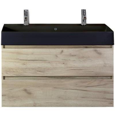 Maxx XL Badmeubelset 100 cm - Craft Oak - Wastafel Kube Zwart 2 Kraangaten