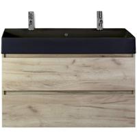 Maxx XL Badmeubelset 100 cm - Craft Oak - Wastafel Kube Zwart 2 Kraangaten - thumbnail