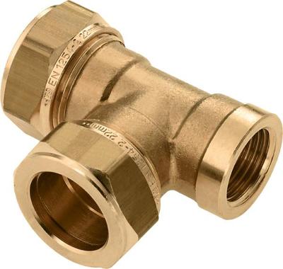 Bonfix knelkoppeling - T-stuk knel x knel x binnendraad - 22mm x 22mm x 1/2 - Messing