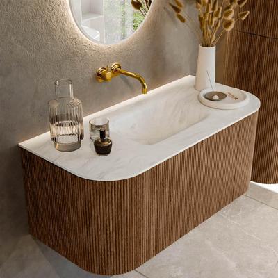 Mondiaz KURVE-DLUX 100 cm Onderkast Greeploos 1 Lade Met Deuren Walnut, Wastafel Solid Surface MIdden Opalo 0 Kraangaten Zonder Spiegel (KRVGRU100L+R1L2D0KM-Wal/Opa)