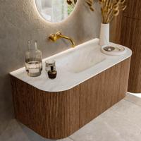 Mondiaz KURVE-DLUX 100 cm Onderkast Greeploos 1 Lade Met Deuren Walnut, Wastafel Solid Surface MIdden Opalo 0 Kraangaten Zonder Spiegel (KRVGRU100L+R1L2D0KM-Wal/Opa) - thumbnail