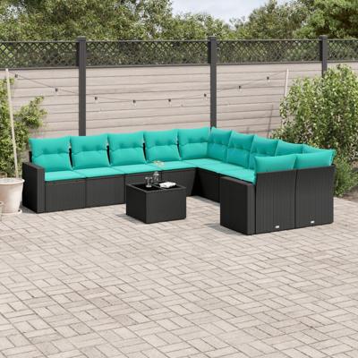 11-delige Loungeset met kussens poly rattan zwart