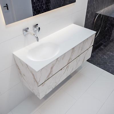 Mondiaz Vica 120cm badmeubel carrara 2 lades wastafel Moon links zonder kraangat Mondiaz Vica 120cm badmeubel carrara 2 lades wastafel Moon links zonder kraangat