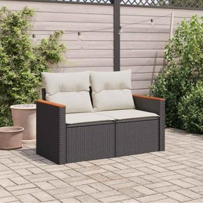 Tuinbank 2-zits met kussens poly rattan zwart Tuinbank 2-zits met kussens poly rattan zwart