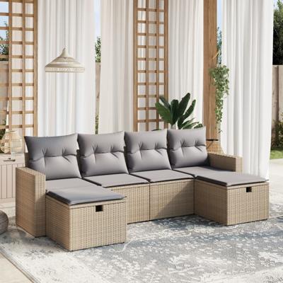 6-delige Loungeset met kussens poly rattan beige