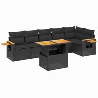 7-delige Loungeset met kussens poly rattan zwart - thumbnail
