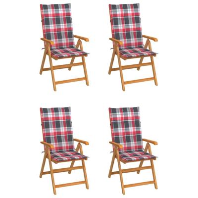Tuinstoelen 4 st met rood geruite kussens massief teakhout