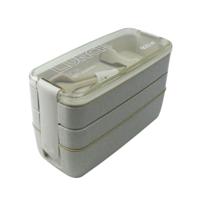 900ml 3 lagen Bento box lunch vak voedsel container tarwestro materiaal microwavable serviesgoed Lunchbox (kaki) - thumbnail