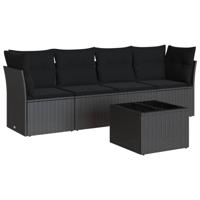 5-delige Loungeset met kussens poly rattan zwart - thumbnail