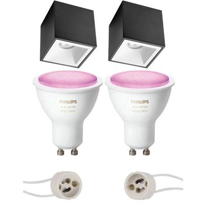 Pragmi Cliron Pro - Opbouw Vierkant - Mat Zwart/Wit - Verdiept - 90mm - Philips Hue - Opbouwspot Set GU10 - White and Color Ambiance - Bluetooth