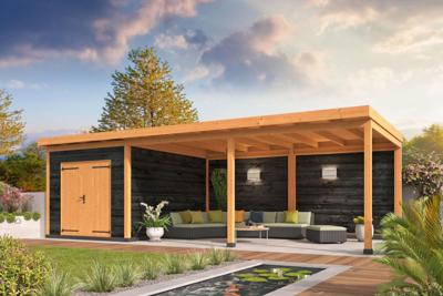 verblijf Wierden 900x400 cm incl. dubbele deur - horizontale wanden zwart geïmpregneerd - Bouwpakket- Plat dak- Geïmpregneerd Douglashout- Tuindeco