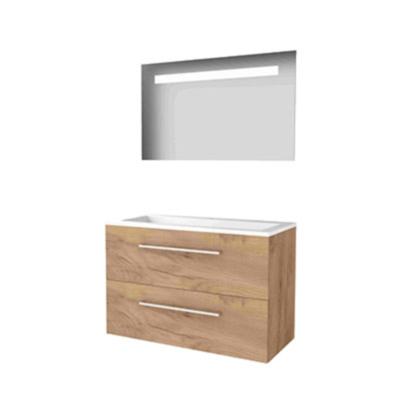 Basic-Line Economic 46 Badkamermeubelset - 100 x 46 cm - Met Grepen - 2 Lades - Acryl Wastafel - 1 Kraangat - Spiegel met LED Verlichting - Whisky Oak