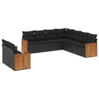 9-delige Loungeset met kussens poly rattan zwart - thumbnail