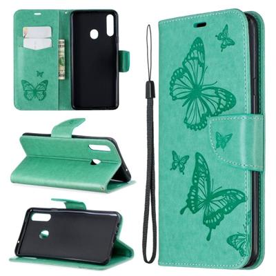 Voor Galaxy A20s twee vlinders reliëf patroon horizontale Flip lederen draagtas met houder & Card slot & portemonnee & Lanyard (groen) Voor Galaxy A20s twee vlinders reliëf patroon horizontale Flip lederen draagtas met houder & Card slot & portemonnee & Lanyard (groen)