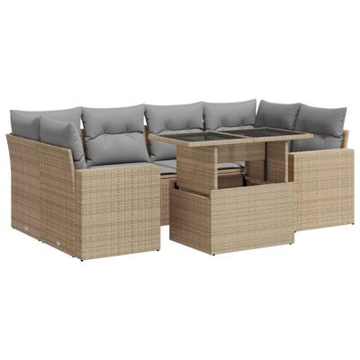 7-delige Loungeset met kussens poly rattan beige