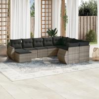 10-delige Loungeset met kussens poly rattan grijs - thumbnail