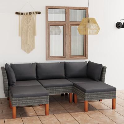 5-delige Loungeset met kussens poly rattan grijs
