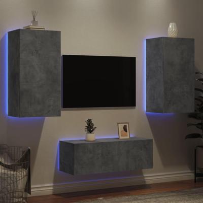 4-delige Tv-wandmeubelset met LED bewerkt hout betongrijs