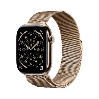 Apple Watch Series 11 GPS + Cellular - 46 mm - Gouden titanium kast - Gouden Milanese Loop-band - M/L