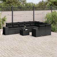 10-delige Loungeset met kussens poly rattan zwart - thumbnail