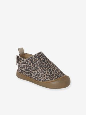 Klittenband baby slofjes van soepel leer beige, bedrukt