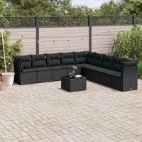10-delige Loungeset met kussens poly rattan zwart - thumbnail