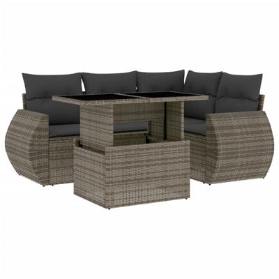 5-delige Loungeset met kussens poly rattan grijs