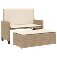 Tuinbank met kussens en voetenbank poly rattan beige - thumbnail