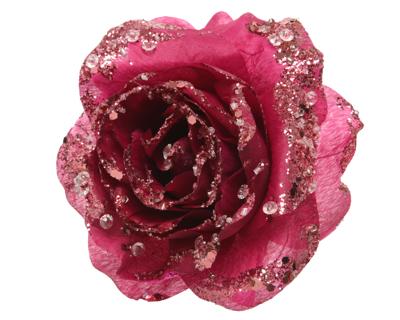 Roos op clip met glitters 14 cm magnolia - thumbnail