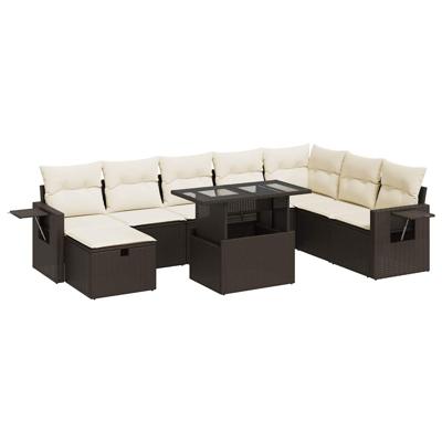 9-delige Loungeset met kussens poly rattan bruin