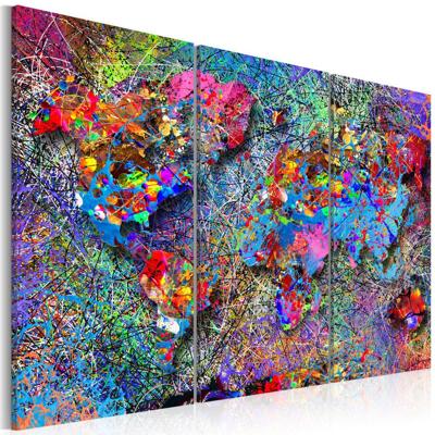 Schilderij - Wereldkaart , Kleurrijke Werveling , 3 luik 90x60cm Schilderij - Wereldkaart , Kleurrijke Werveling , 3 luik 90x60cm