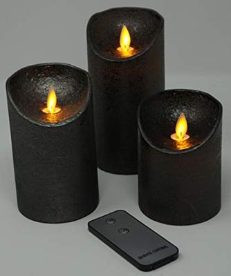 3ST KAARS ANTRACIET WAX RUSTIEK BEWEGENDE VLAM 7,5X10/12,5/15CM AFSTANDSBEDIENING 3X3AAA - Annas collection