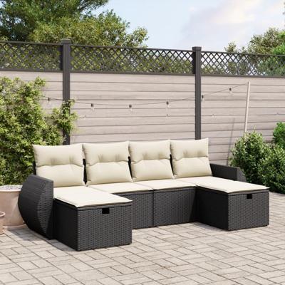 6-delige Loungeset met kussens poly rattan zwart