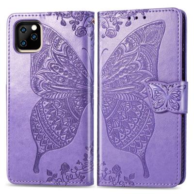 Butterfly Love bloemen reliëf horizontale Flip lederen case voor iPhone XI (2019) met houder & kaartsleuven & portemonnee & Lanyard (licht paars)