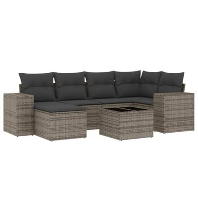 7-delige Loungeset met kussens poly rattan grijs